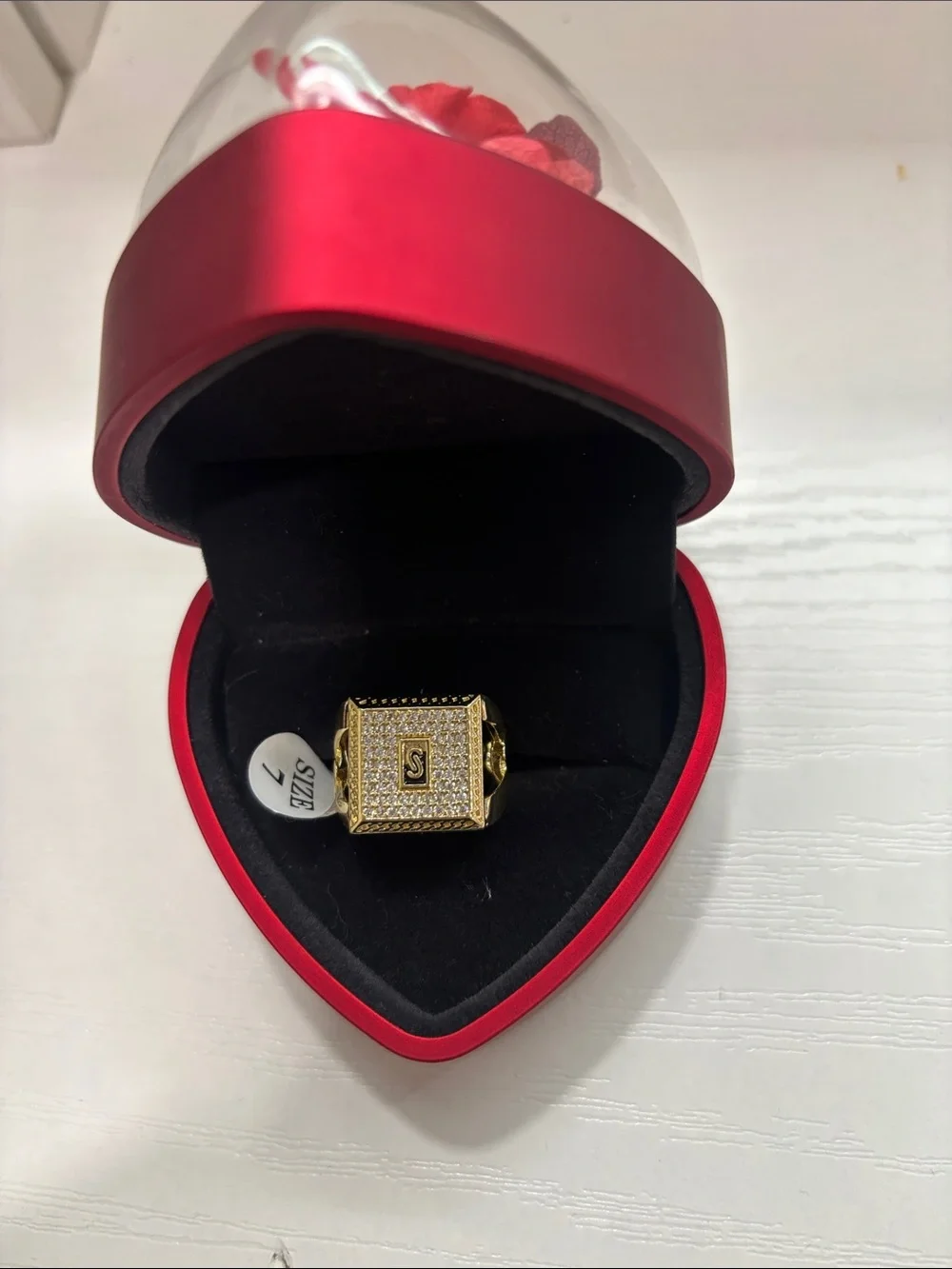 Gold-Tone Mens Square Pavé Signet Ring - Red Box Included